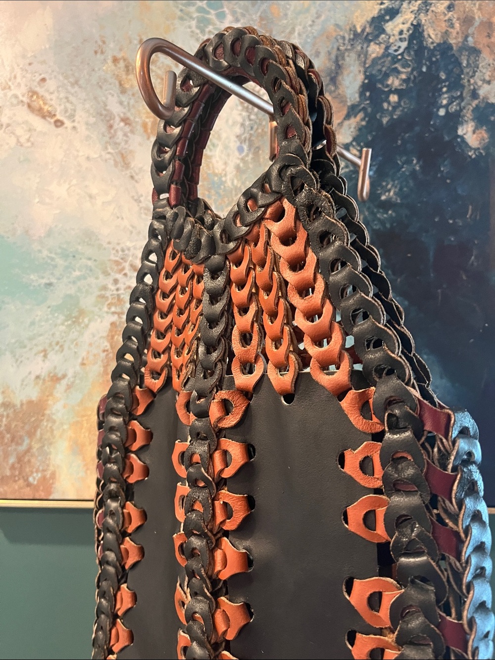 Woven Two-Tone Black & Brown Leather Tote - Picture 2 of 9